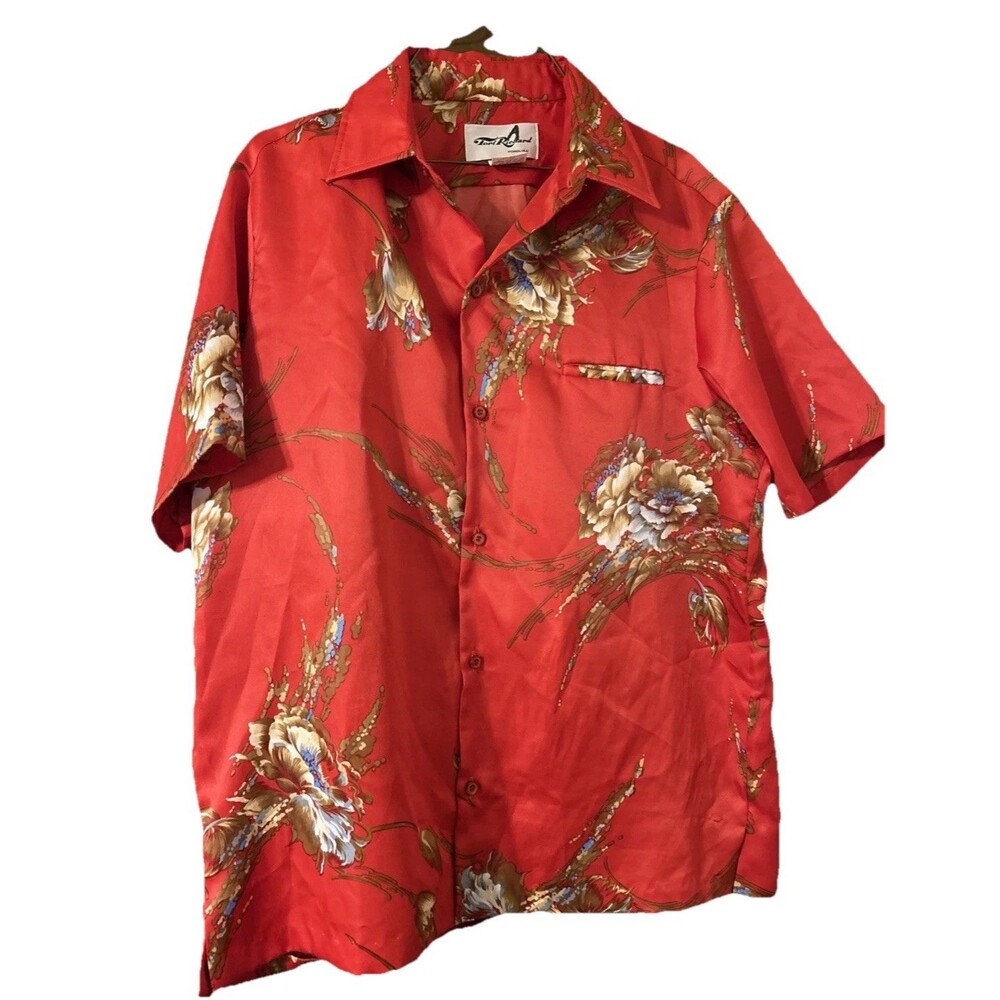 Vtg Tiki 70s Tori Richard Hawaiian Shirt Red Floral Satin Aloha Camp Collar Lg